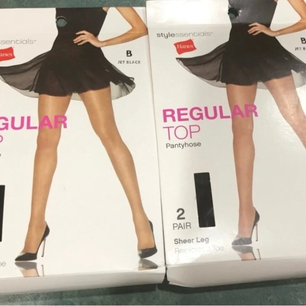 4pairs Hanes regular top sheer leg reinforced toe jet black pantyhose size B new